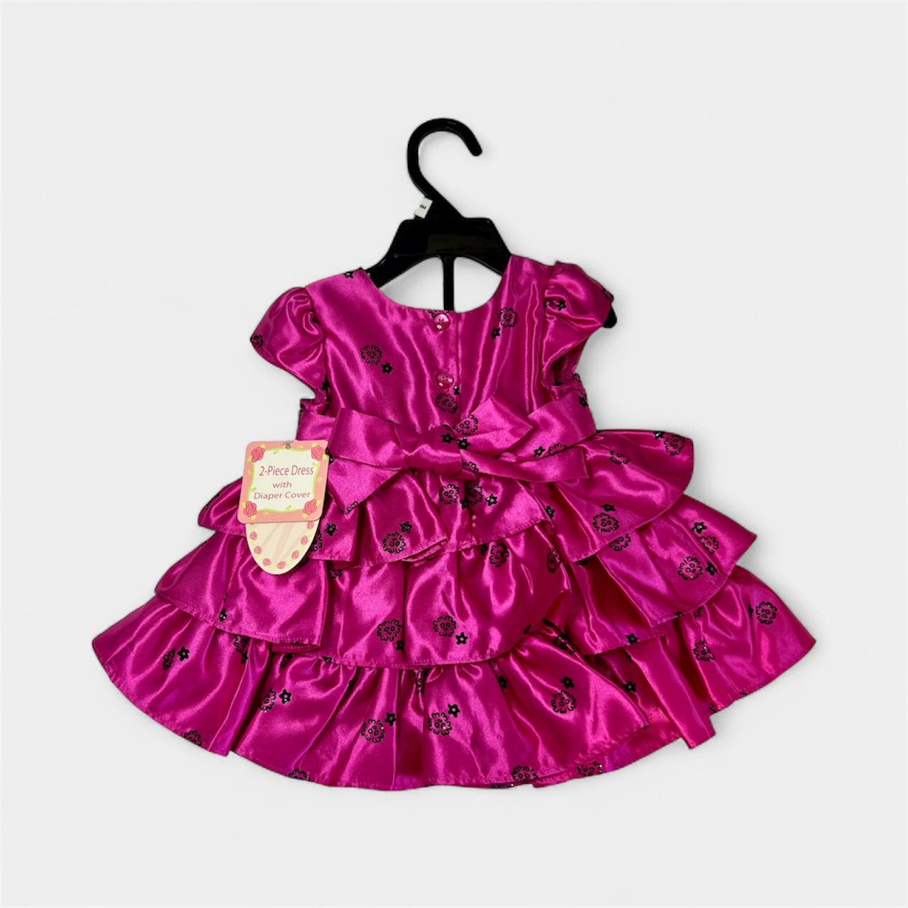 Fuchsia Flocked Baby Girls 2-Piece Holiday Satin Dress and Diaper Cover Set