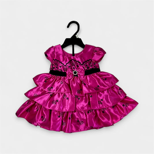 Fuchsia Flocked Baby Girls 2-Piece Holiday Satin Dress and Diaper Cover Set